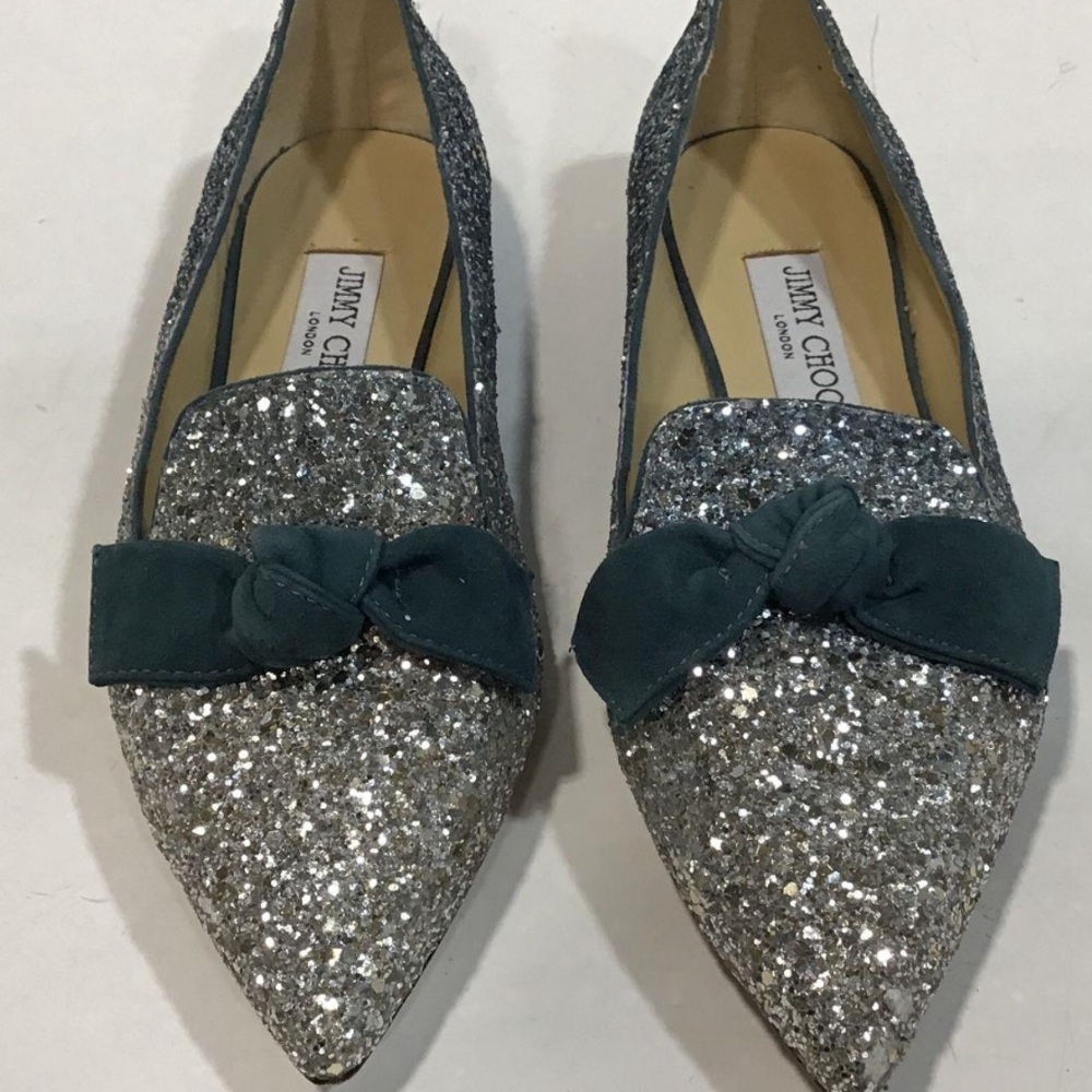 Women’s Jimmy Choo Silver Glitter Bow Loafers Slip On Flats Size 37.5